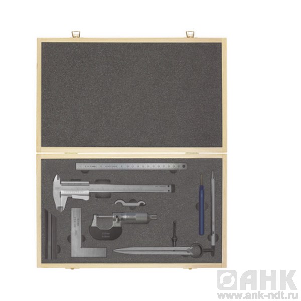 Набор штангенциркуля, микрометра, угольника, линейки, чертилки и циркуля